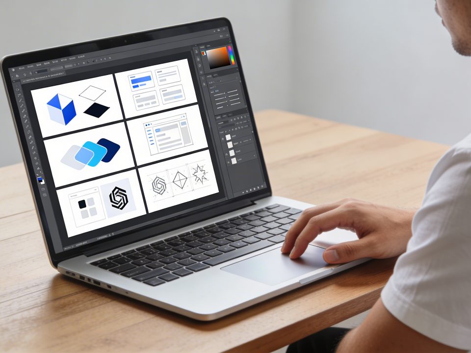 designer travaillant sur ordinateur portable avec plusieurs modeles graphiques