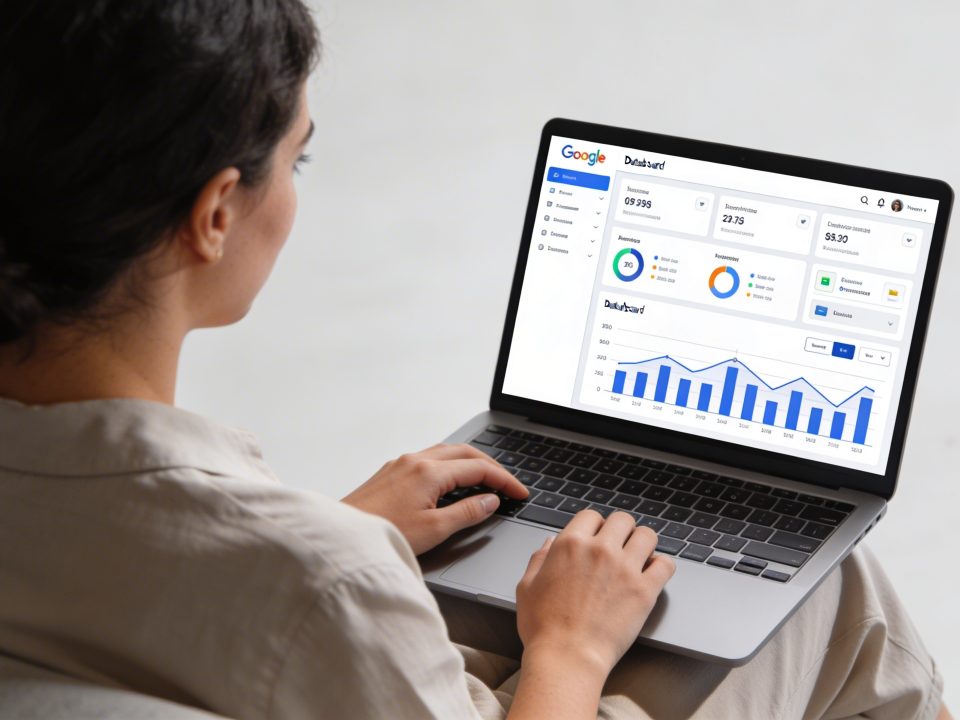 Femme assise devant ordinateur affichant tableau de bord Google