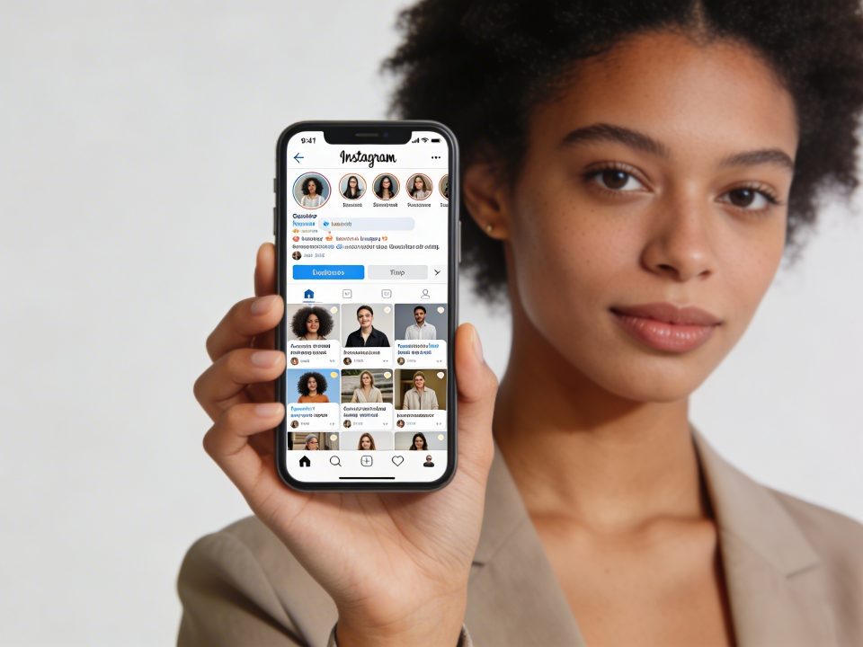 jeune femme tenant smartphone affichant interface groupe Instagram