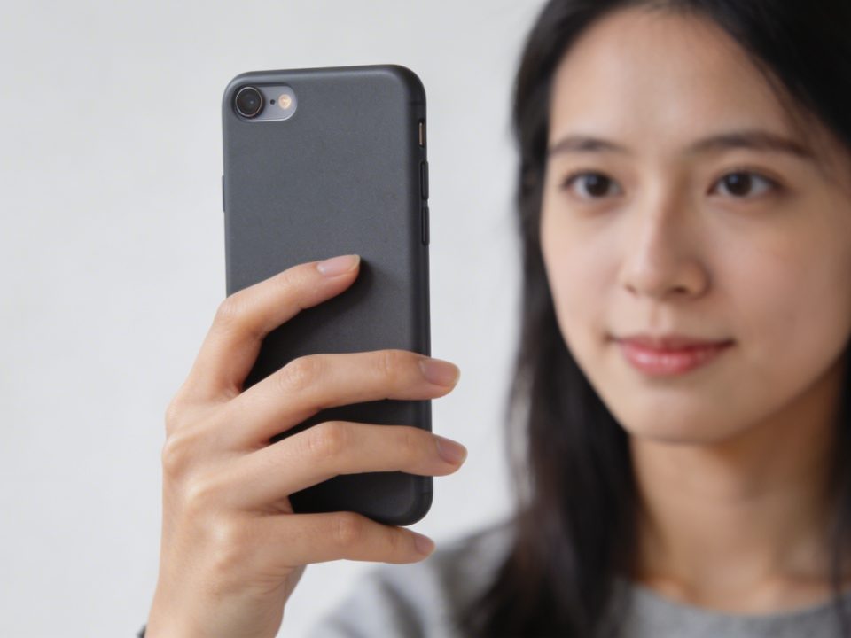 jeune femme tenant smartphone vertical devant visage