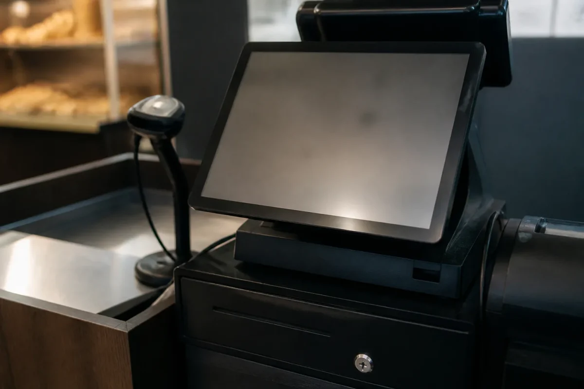 Caisse enregistreuse noire, ecran tactile affichant la date