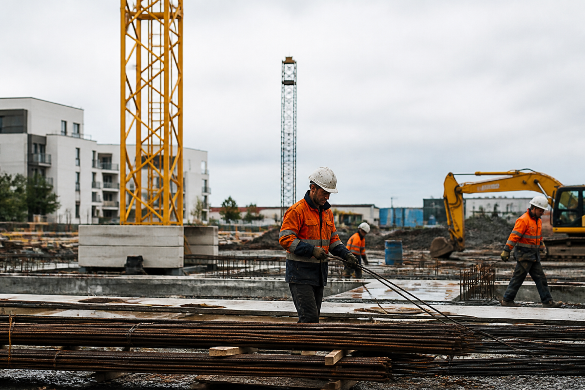 Chantier de construction avec ouvriers casques et grue