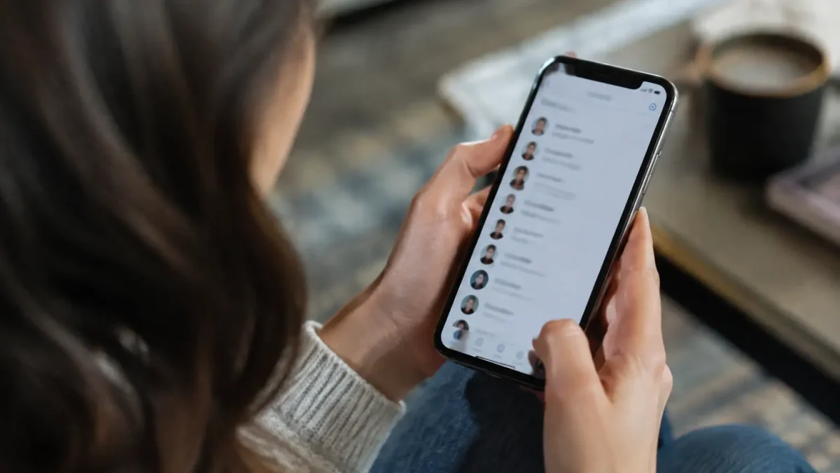 Main tenant un smartphone affichant une liste de contacts