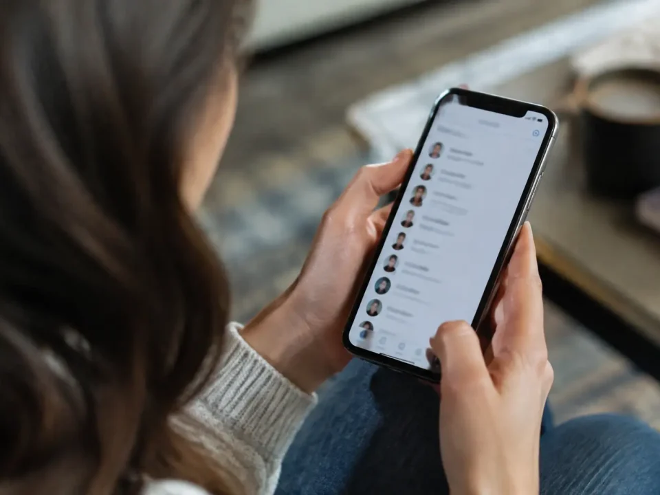 Main tenant un smartphone affichant une liste de contacts