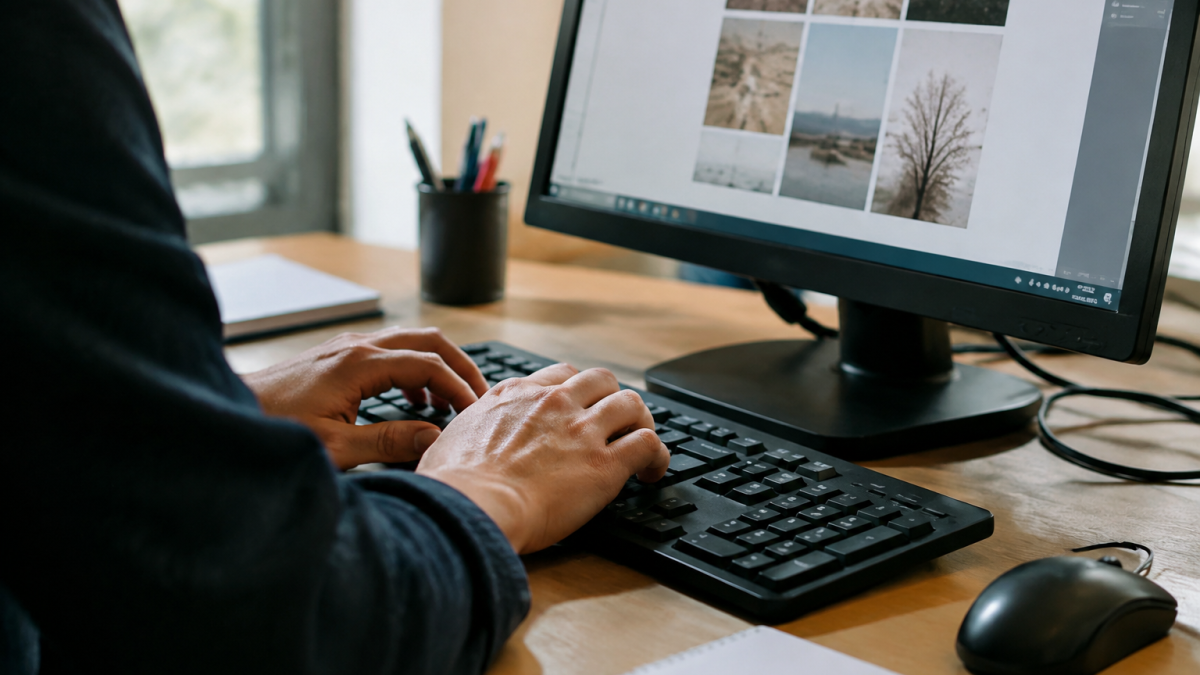 Mains posees clavier devant grille tableau divisee