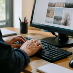 Mains posees clavier devant grille tableau divisee