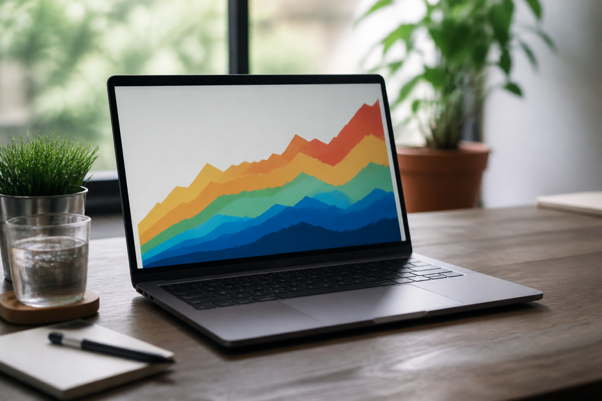 Ordinateur portable affichant un graphique colore sur bureau