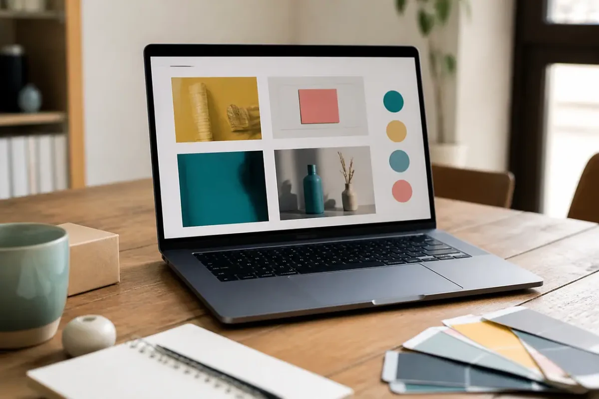 Ordinateur portable sur bureau en bois affichant maquettes colorees