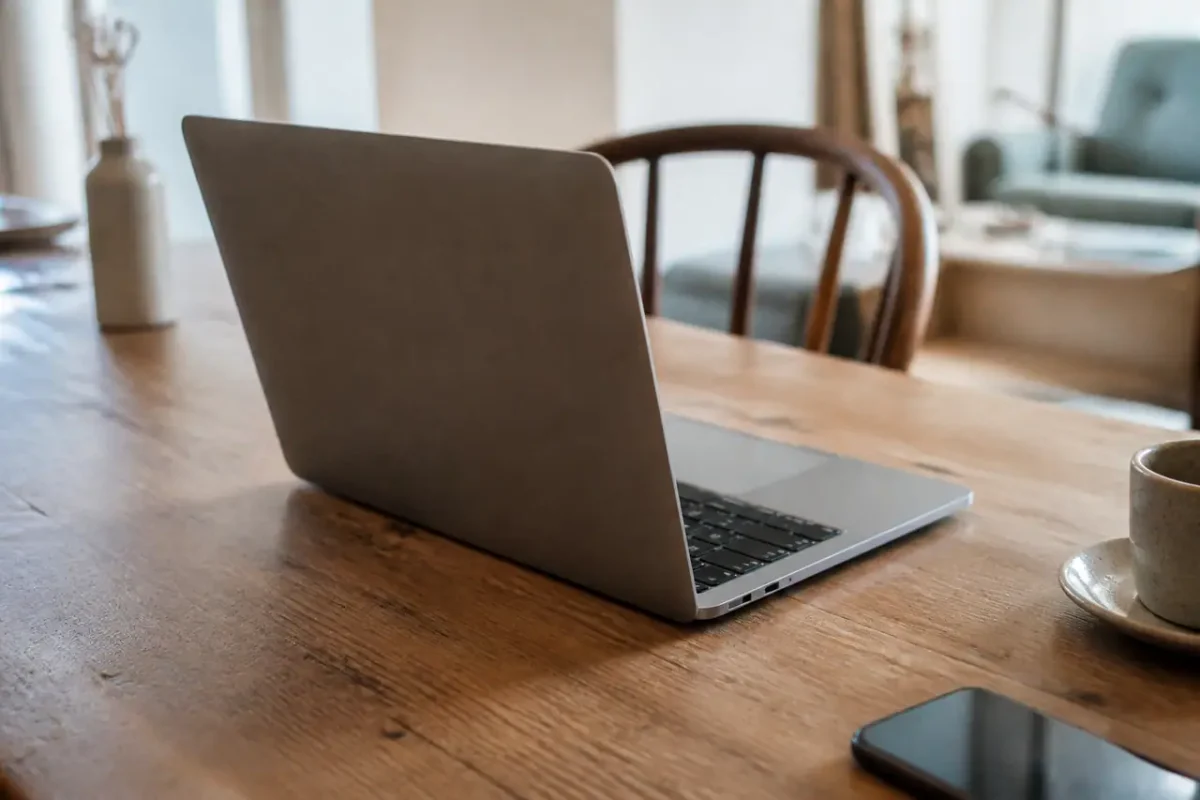 Ordinateur portable ouvert sur bureau en bois