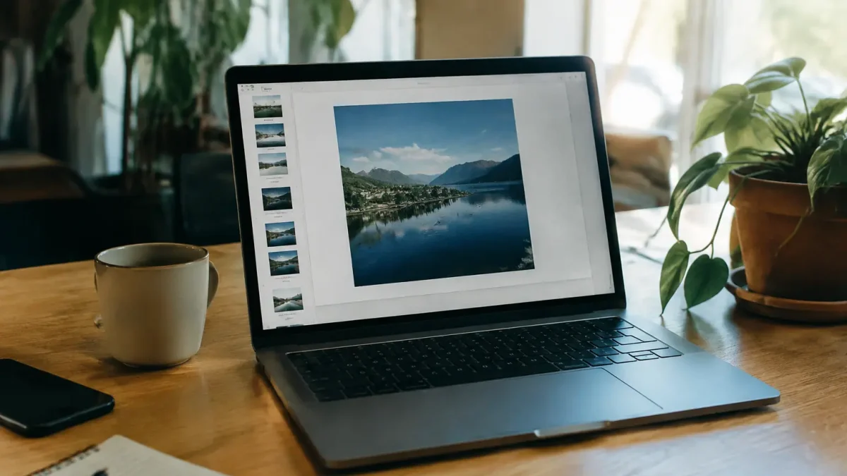 Ordinateur portable ouvert sur bureau affichant PDF avec photo