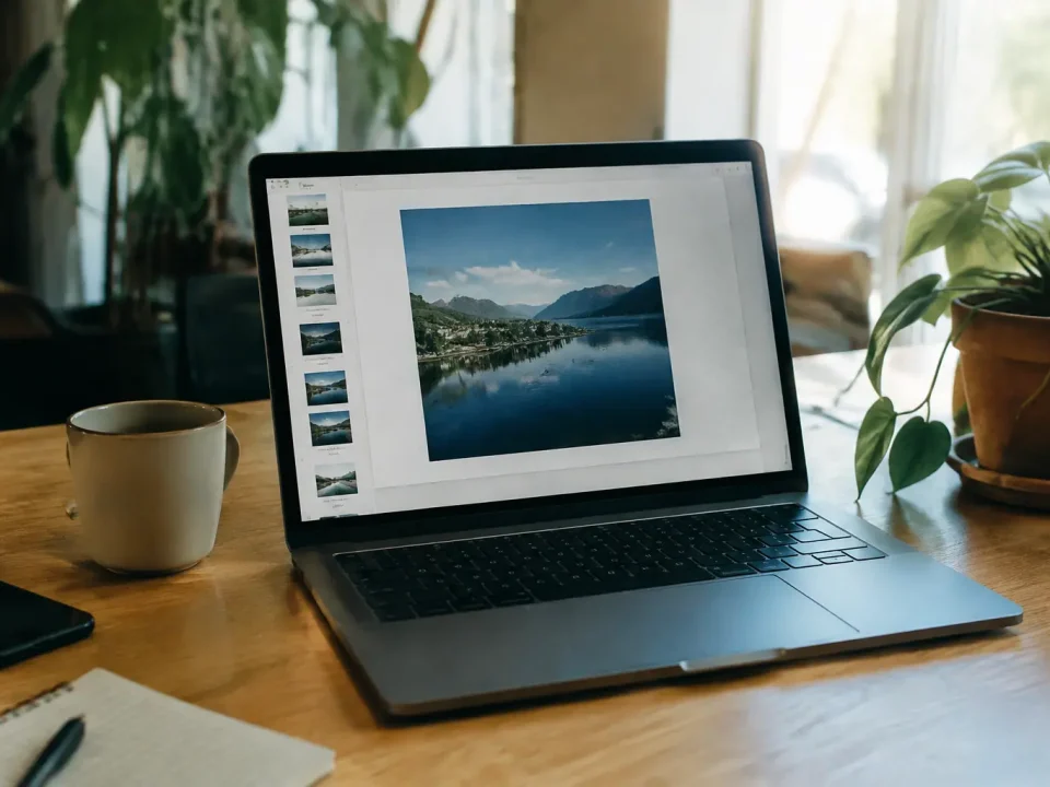 Ordinateur portable ouvert sur bureau affichant PDF avec photo