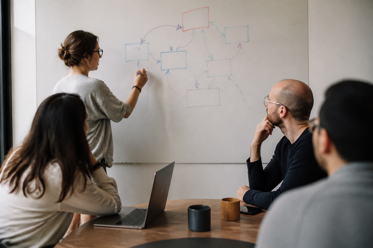 Reunion de travail avec schema colore sur tableau blanc