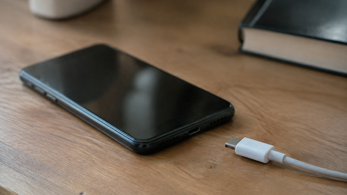 Smartphone noir couché sur bureau, câble de chargement débranché