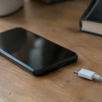 Smartphone noir couché sur bureau, câble de chargement débranché