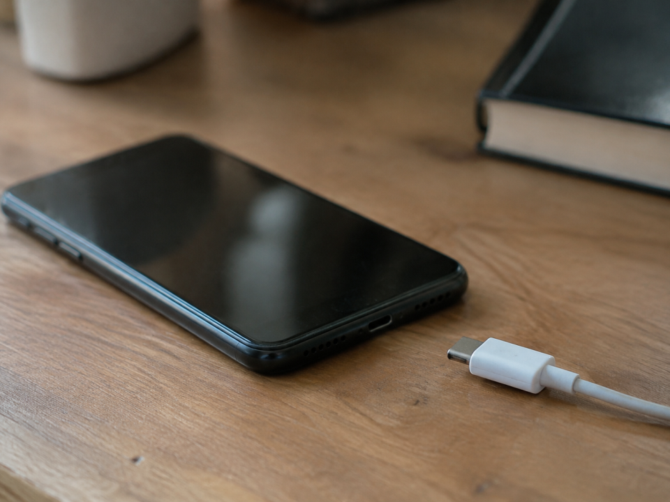 Smartphone noir couché sur bureau, câble de chargement débranché