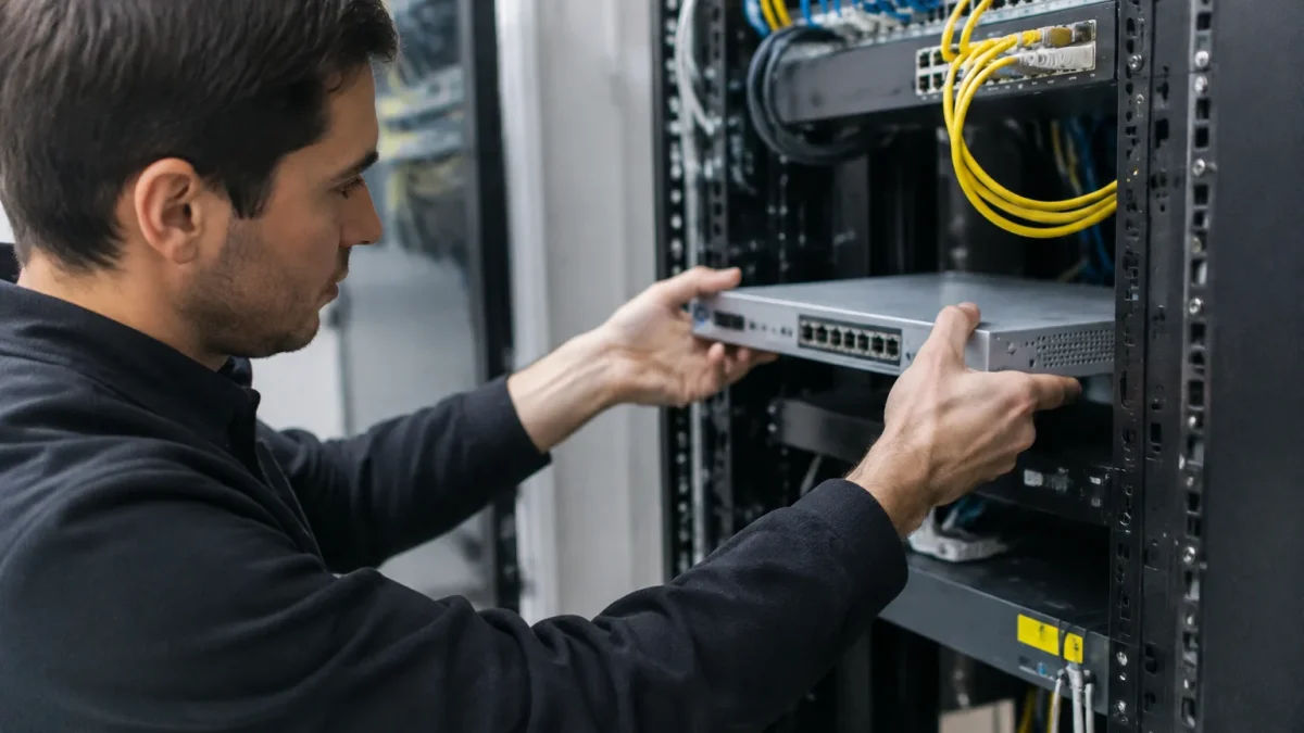 Technicien branche un boitier gris sur un rack reseau