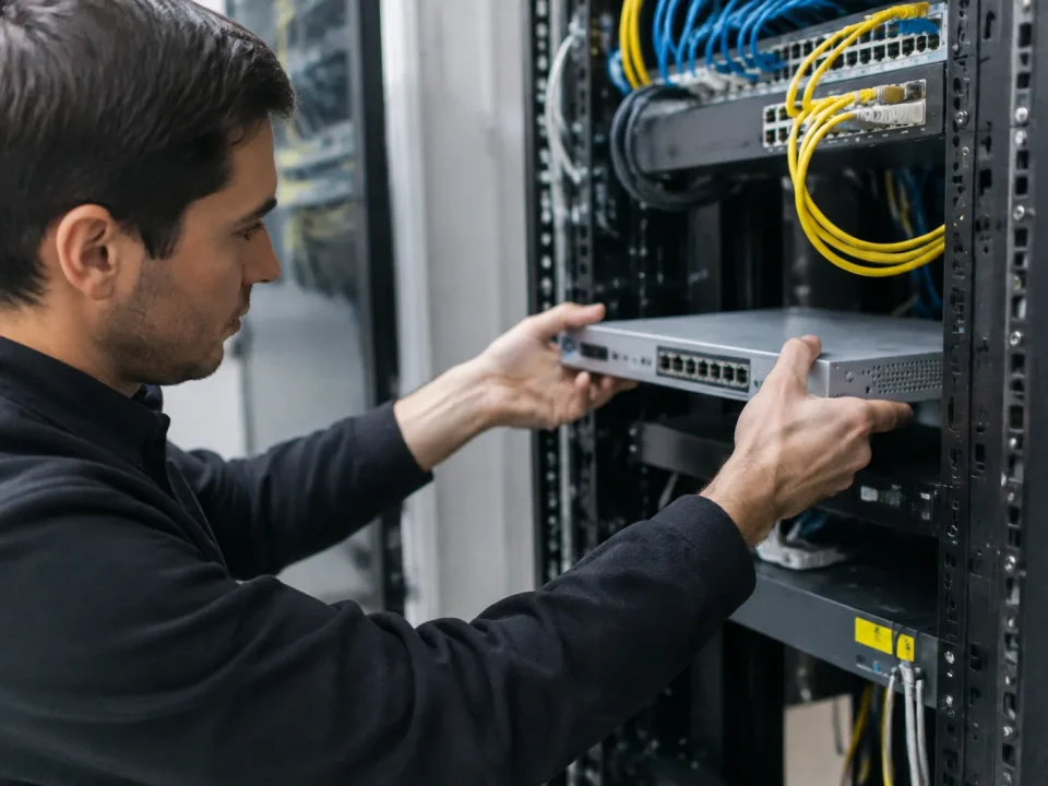 Technicien branche un boitier gris sur un rack reseau